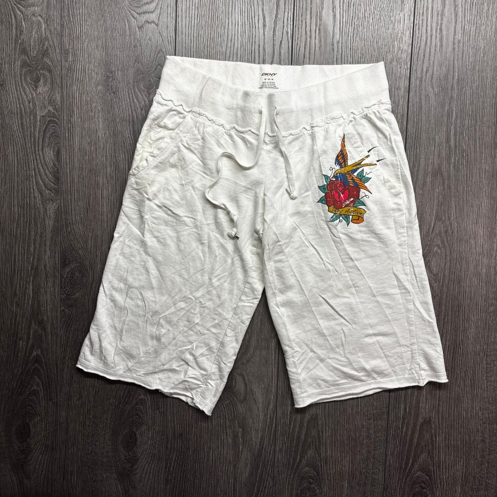 DKNY Active Womens White Tattoo Graphic Cotton Lounge Shorts Y2K Size Medium